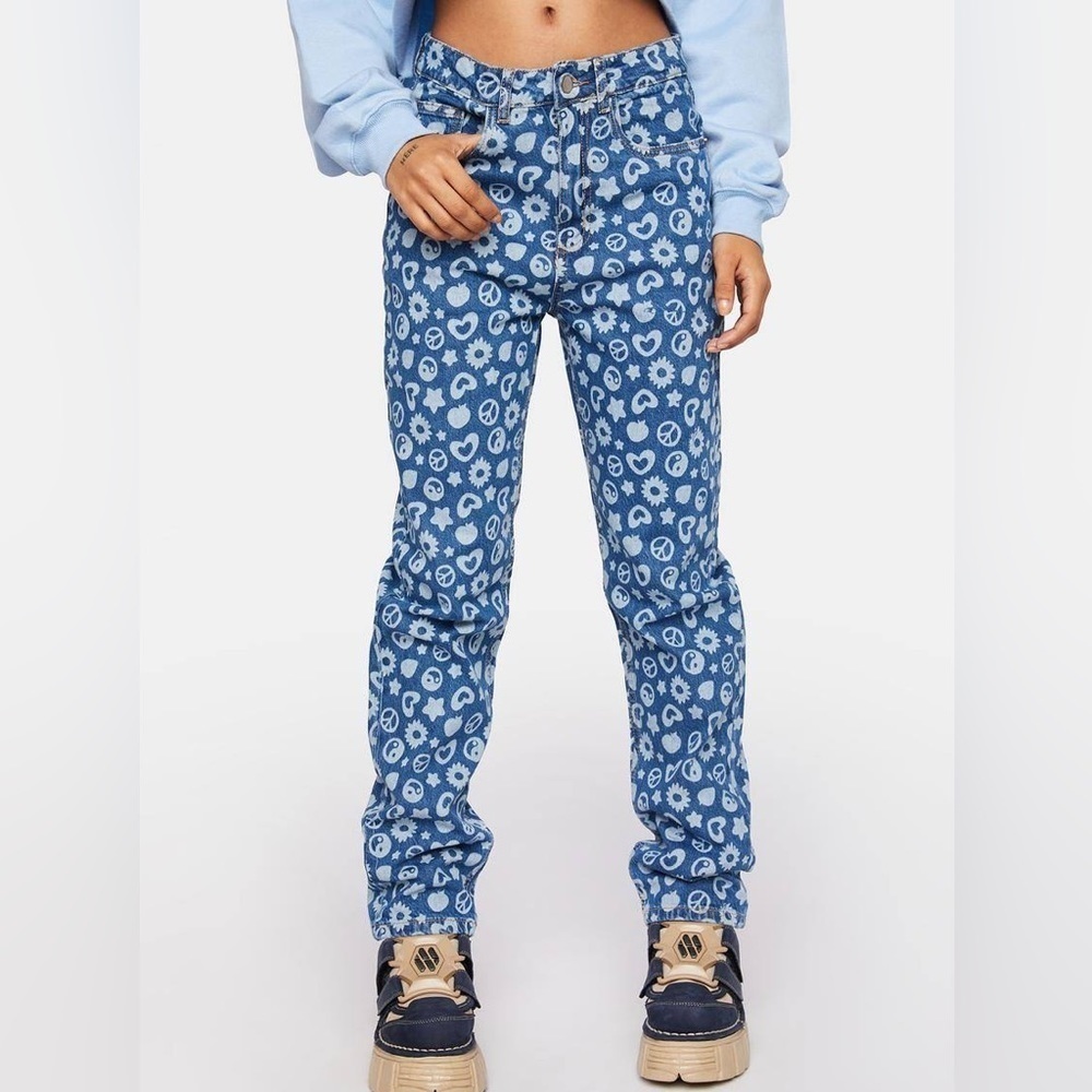 Dolls Kill Blue Daisy Street Peace Yin‎ Yang Hearts Flowers Printed Dad Jeans